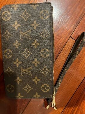 Monogram Zip Wristlet in Brown and Gold-Tone